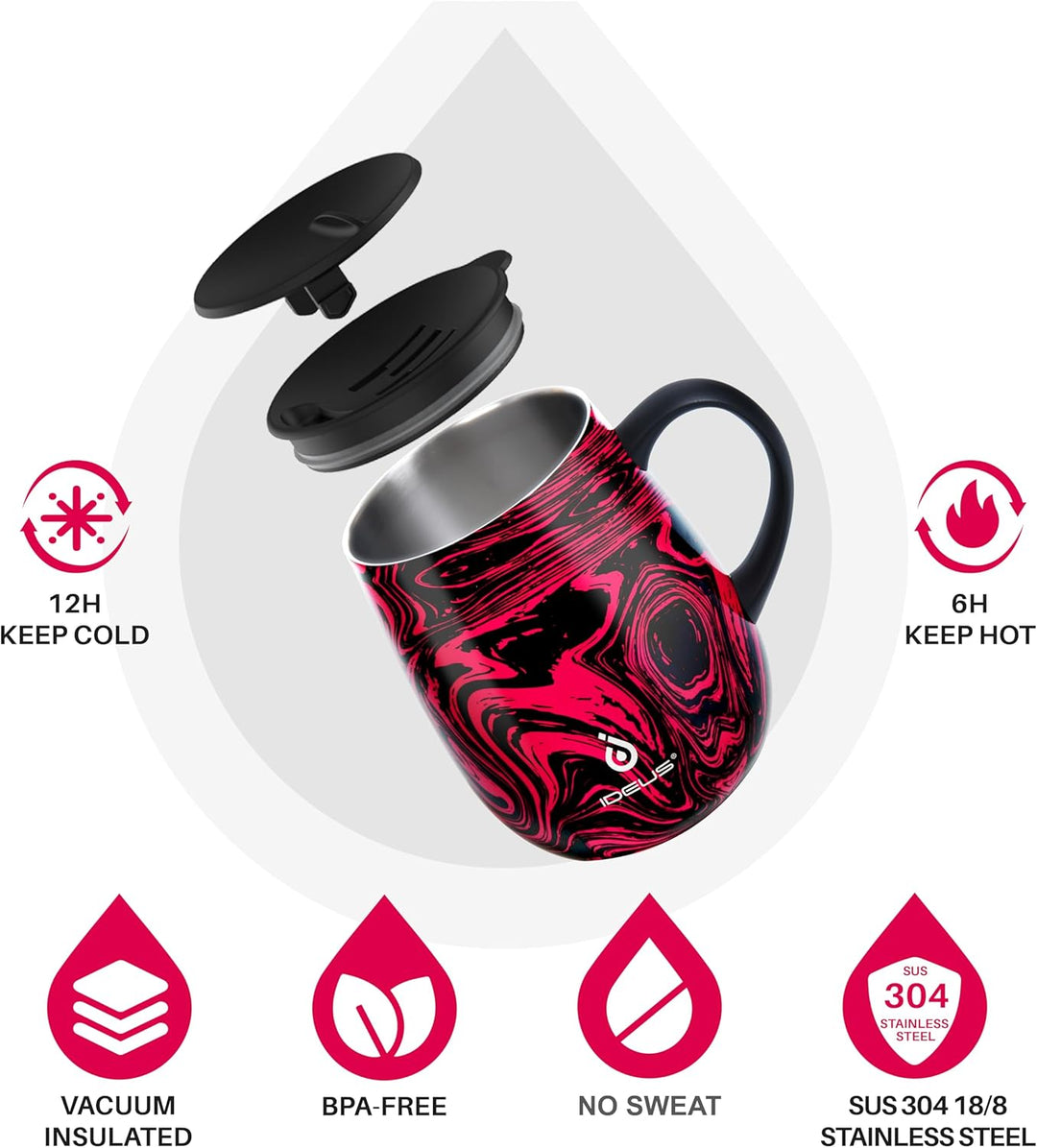 Ideus 453.6 g (470ml) Isolierter Kaffeebecher mit Griff und Deckel, doppelwandiger Edelstahl-Vakuum-