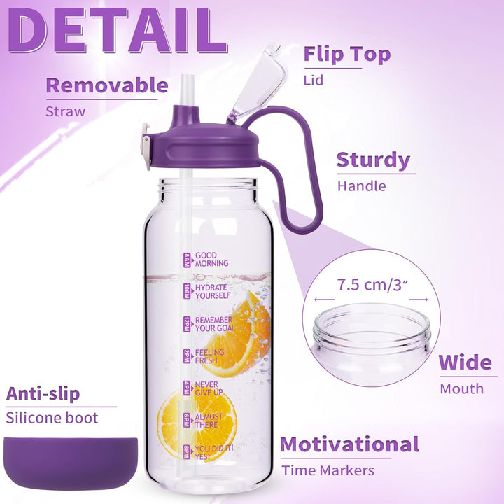 2l Trinkflasche Glas mit Strohhalm & Zeitmarkierung 2 liter Grosse Motivation Glasflasche mit Uhrzei