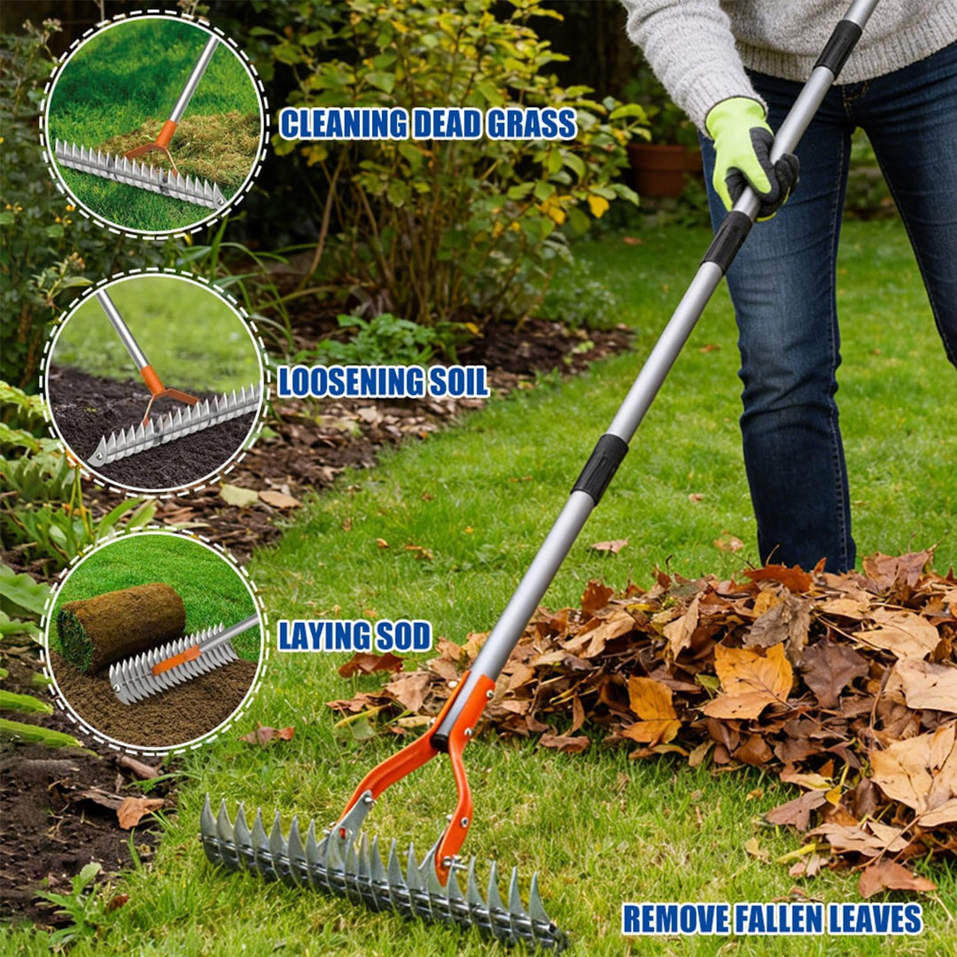 Vertikutierer Rechen mit Stiel 177cm, Abnehmbarer, Verstellbarer Gartenrechen, Rasen Vertikutierer z