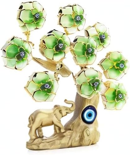 YU FENG Türkischer blauer böser Blick, goldener Glücksbaum mit Elefantenfigur und grünen Blumen für