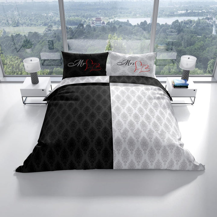 Leonado Vicenti 4tlg. Bettwäsche Mr und Mrs 135x200 Partnerbettwäsche-Set Herz Rot Bezug Kissen mit