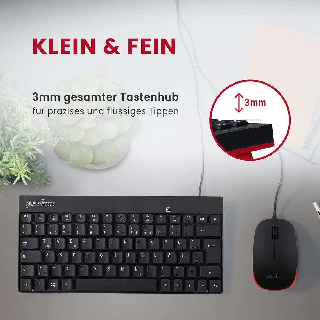 Perixx PERIDUO-212 DE, Kompaktes Mini Tastatur und Maus Set, USB-Kabel, Schwarz, Deutsches Layout Sc
