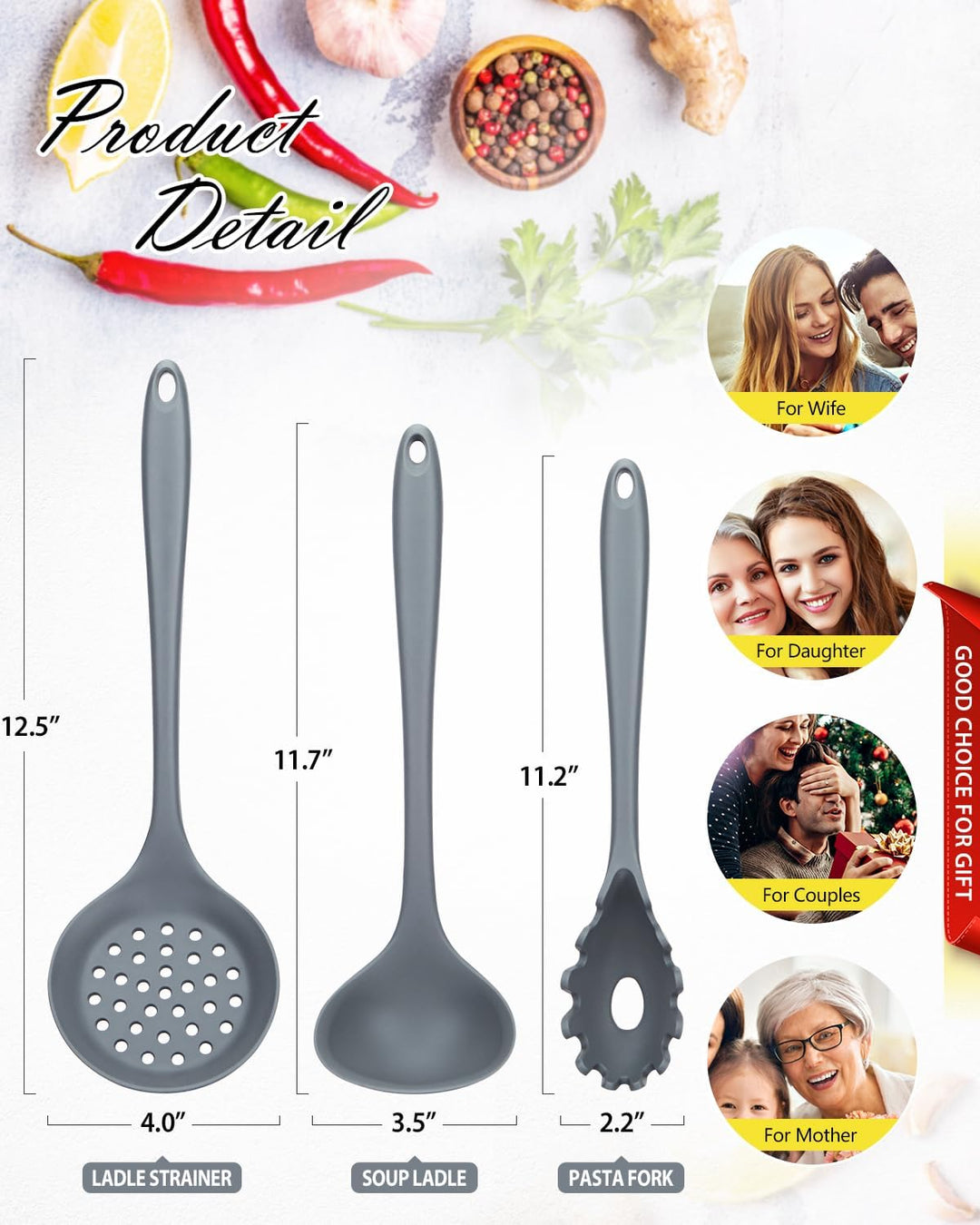 3 Stück Silikon-Küchenutensilien-Set, Suppenkelle-Nudelgabel-Schlitzlöffel, Antihaft-BPA-frei, Hochh