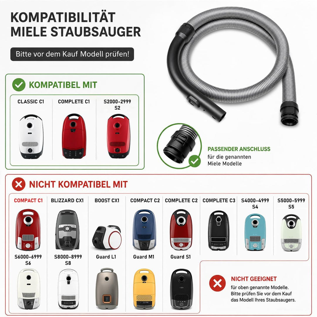 Ersatzschlauch kompatibel mit Miele Classic C1 EcoLine, EcoLine Plus, PowerLine Staubsauger Schlauch