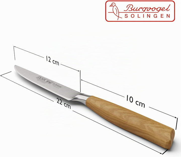 Burgvogel Solingen Steakmesser 12 cm geschmiedet Olivenholz, Oliva Line, Sägeschliff, rostfrei, hell