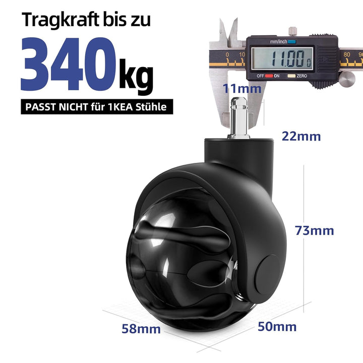 Sytopia Bürostuhl Rollen 5er Set in Schwarz, Rollen für Bürostühle 11 x 22 mm für Teppichböden, Hart