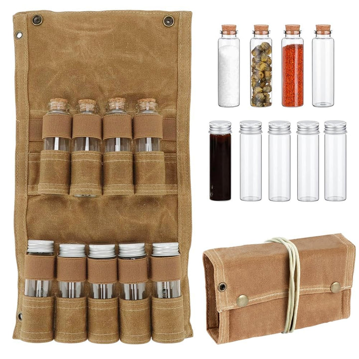 Outdoor Gewürztasche, Tragbare Gewürztasche mit 9 Gewürzgläsern, Faltbarer Camping Gewürz-Aufbewahru