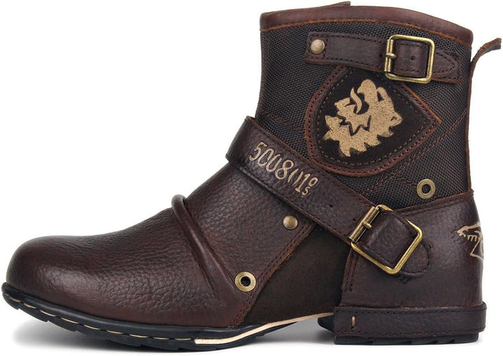 COWSDELLA Herren Stiefel aus Leder Rindsleder mit Gummisohle Biker Motorrad Boots mit Reissverschlus