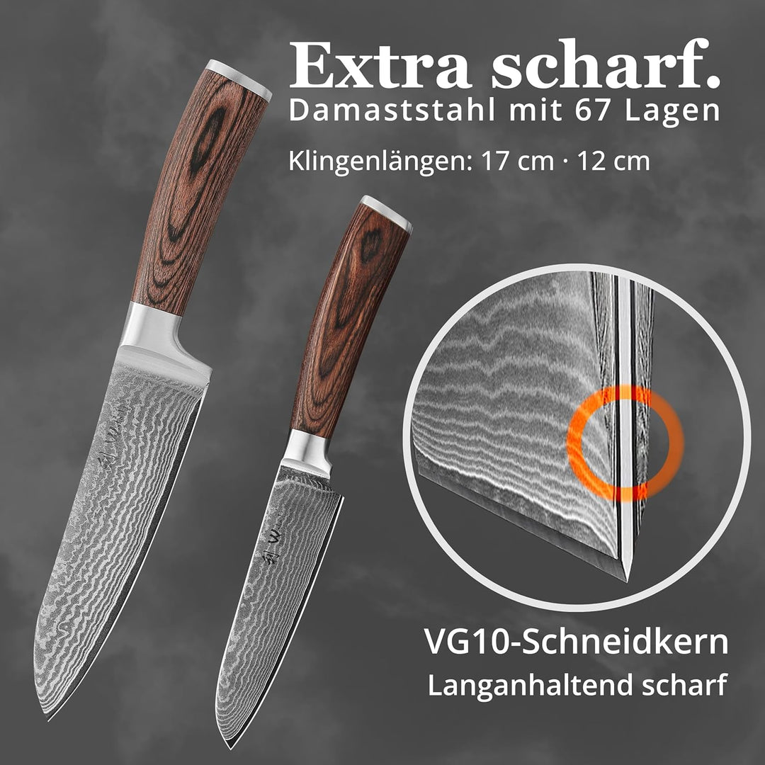 Wakoli Edib 2er Damastmesser-Set mit extrem scharfen Klingen von 12-17 cm Länge gefertigt aus 67 Lag
