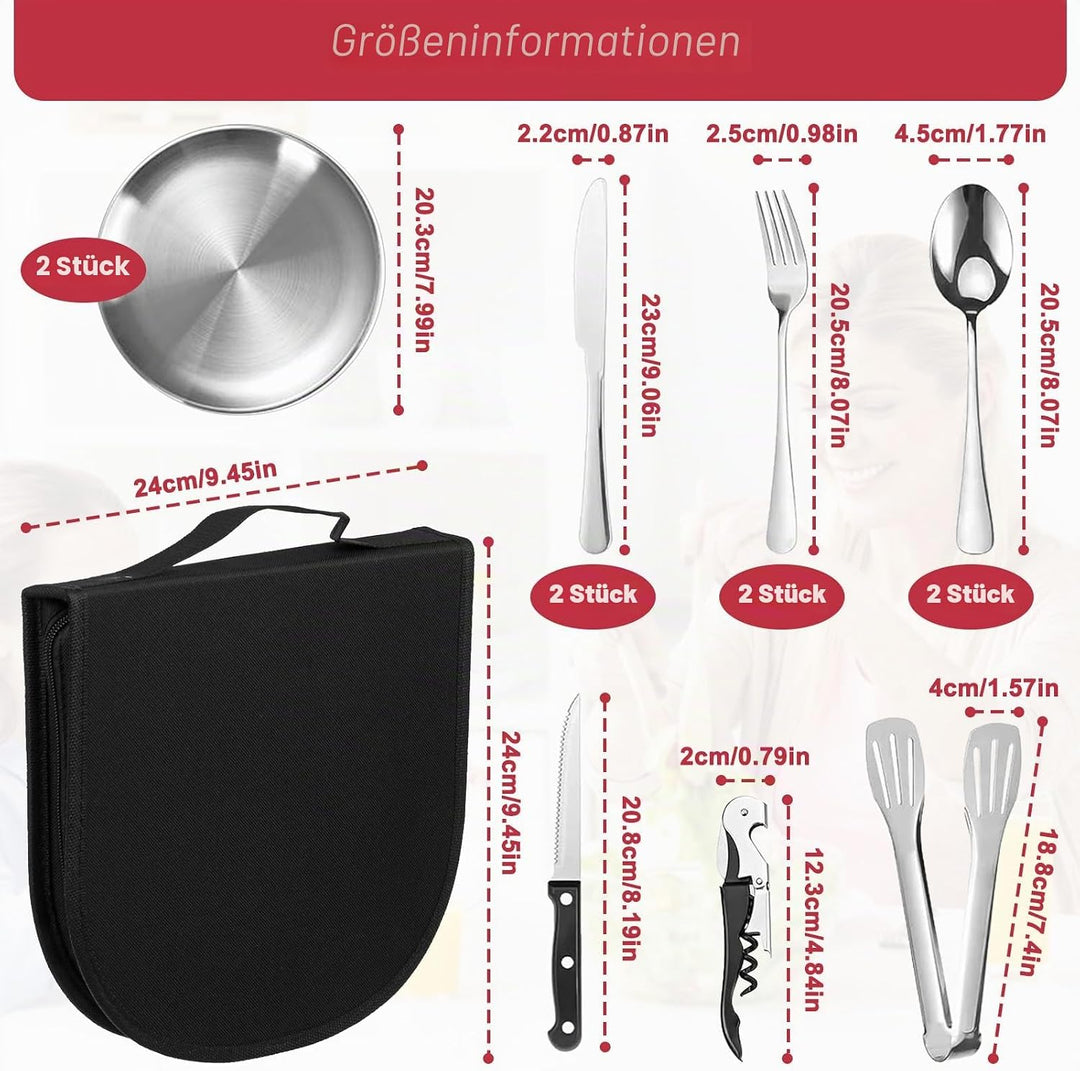 11 Teilig Camping Geschirr Set für 2 Personen, Edelstahl Picknick Campingbesteck, Besteckset mit Mes