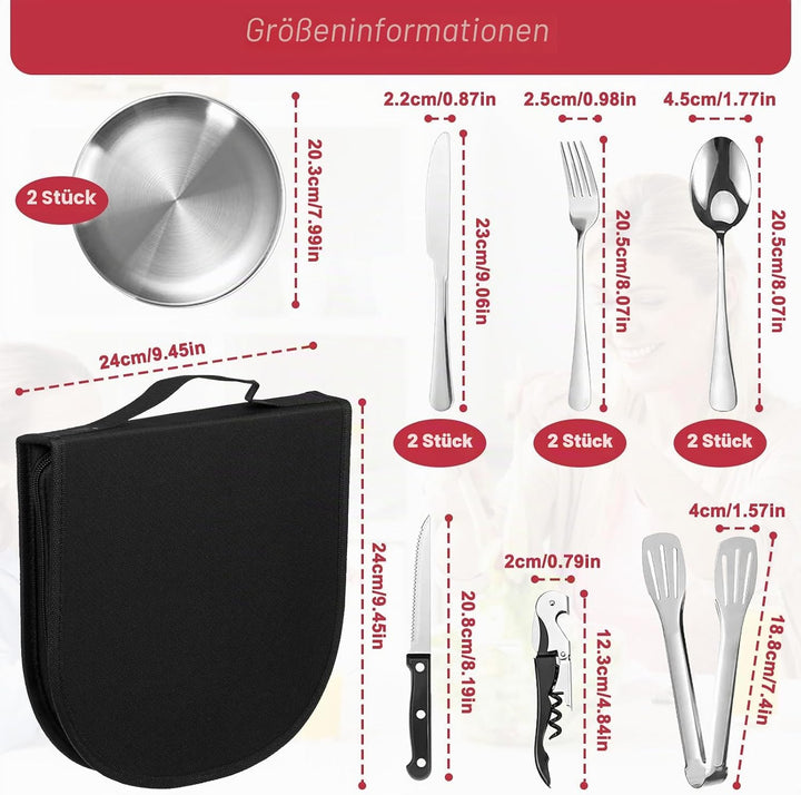 11 Teilig Camping Geschirr Set für 2 Personen, Edelstahl Picknick Campingbesteck, Besteckset mit Mes