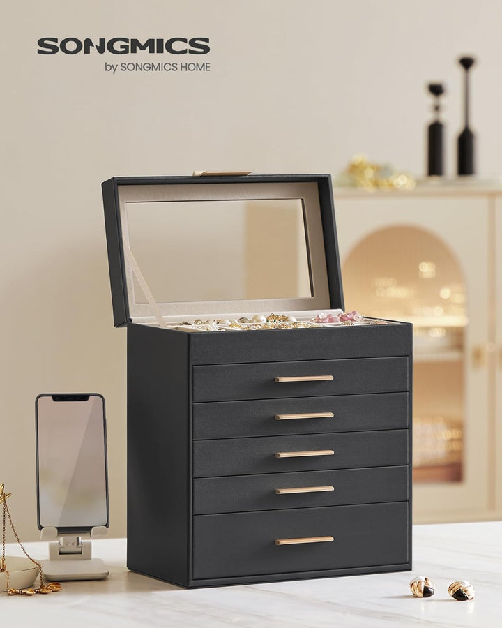 SONGMICS Schmuckkästchen, Schmuckkasten mit 6 Ebenen, Schmuckbox mit Glasdeckel, 5 Schubladen, für S