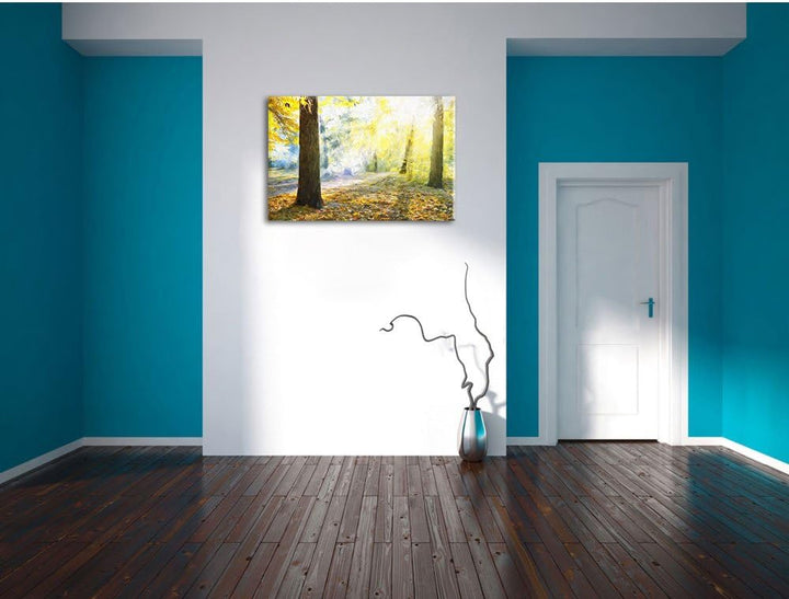 Pixxprint Sonnenstrahlen im Wald als Leinwandbild/Grösse: 100x70 / Wandbild/Kunstdruck/fertig bespan