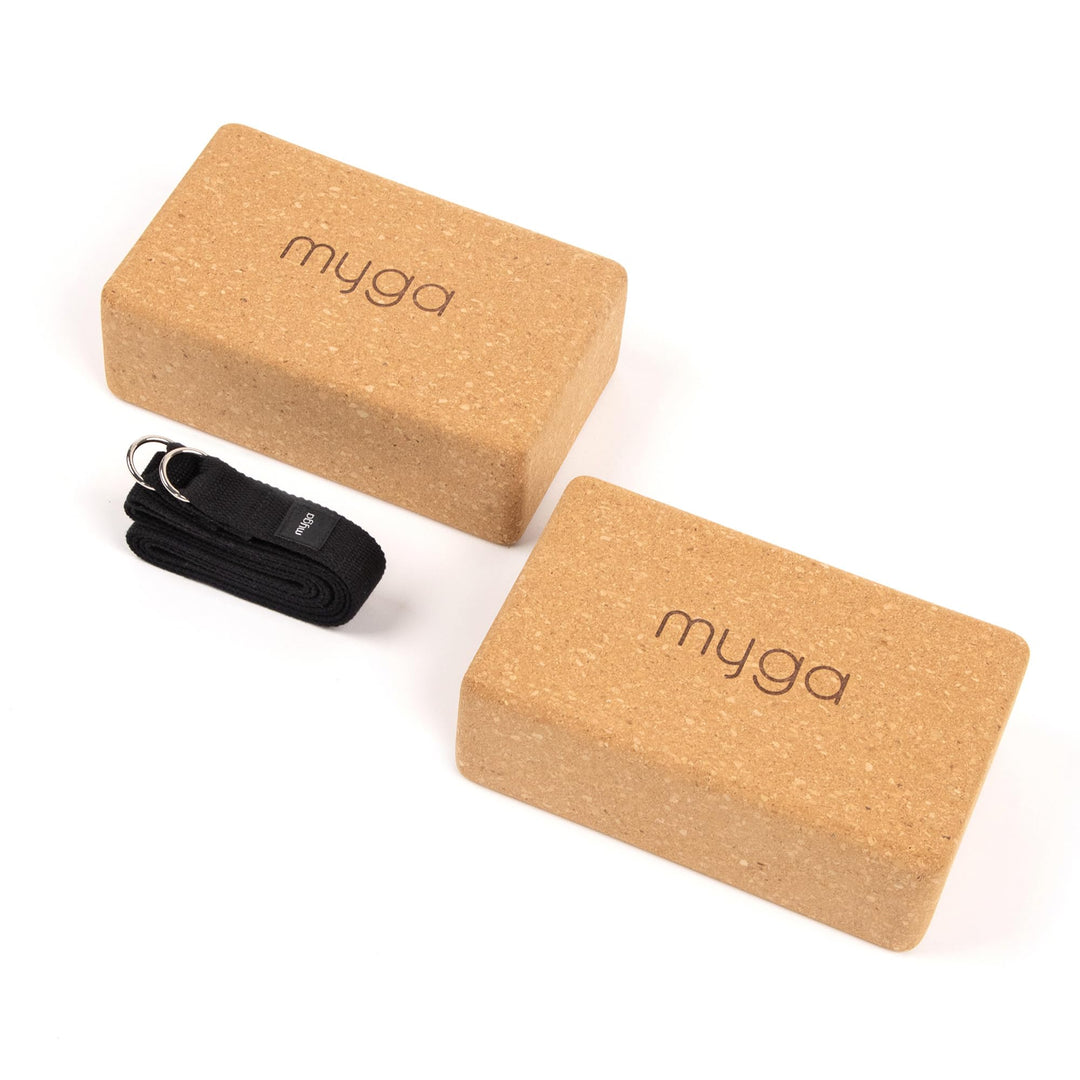 Myga Kork Yoga Zubehör Set | 2 Rutschfeste Kork Yoga Blöcke &amp; Verstellbarer Yoga Gurt | Perfekt für
