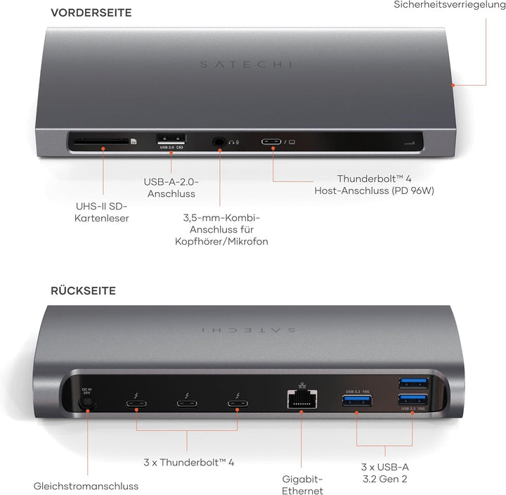SATECHI Thunderbolt-4 Dockingstation 11-in-1 mit Host-Anschluss, 100W PD, 3X Thunderbolt 4, USB-A 3.