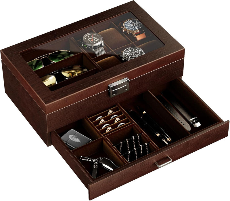 ProCase Uhrenbox Brillenbox aus Holz in Klavierlack hochglänzend, 2 Ebenen, Brillen Aufbewahrungsbox