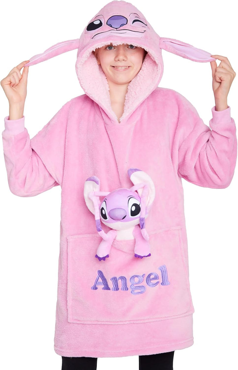 Disney Stitch Hoodie-Decke Kinder, Kapuzenpullover Mädchen mit Sherpa-Kapuze, 3D-Ohren, Kängurutasch