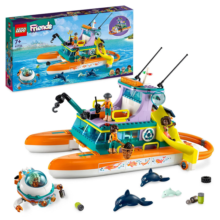 LEGO 41734 Friends Seerettungsboot Tierrettungs-Spielzeug Set mit Delfin-Tier-Figuren und U-Boot, Ök