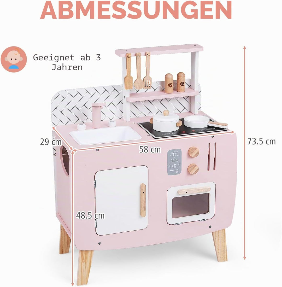 HOMASIS Spielküche mit 7 Zubehör, Kinderküche mit Spüle, Herd &amp; Ofen, kleine Spielzeugküche aus Holz