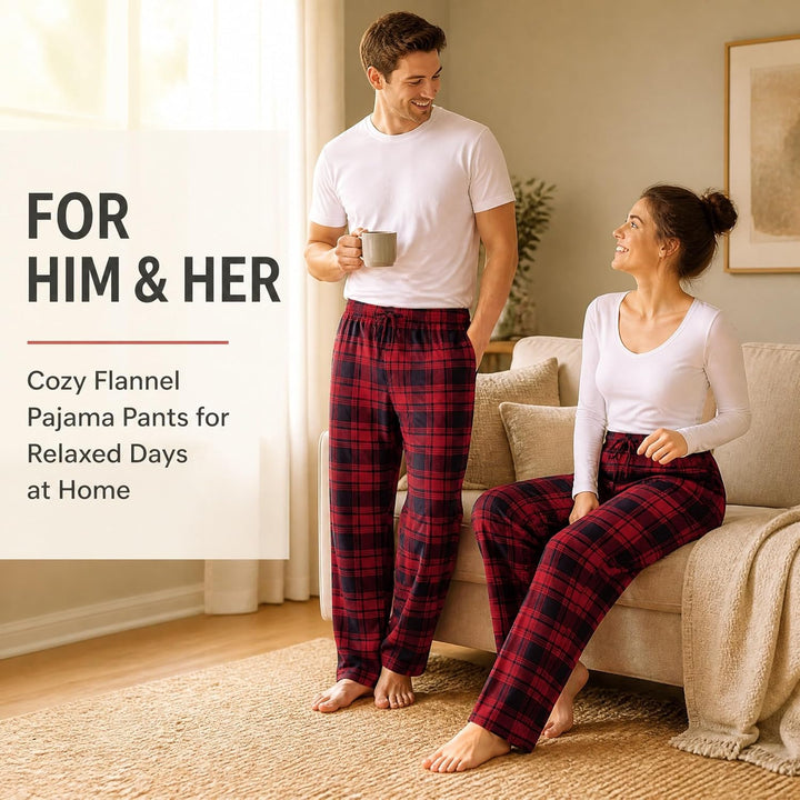 Herren 100% Baumwolle Flanell Bequeme Pyjama/Lounge Bottoms mit Taschen M Navy Red Plaid, M Navy Red