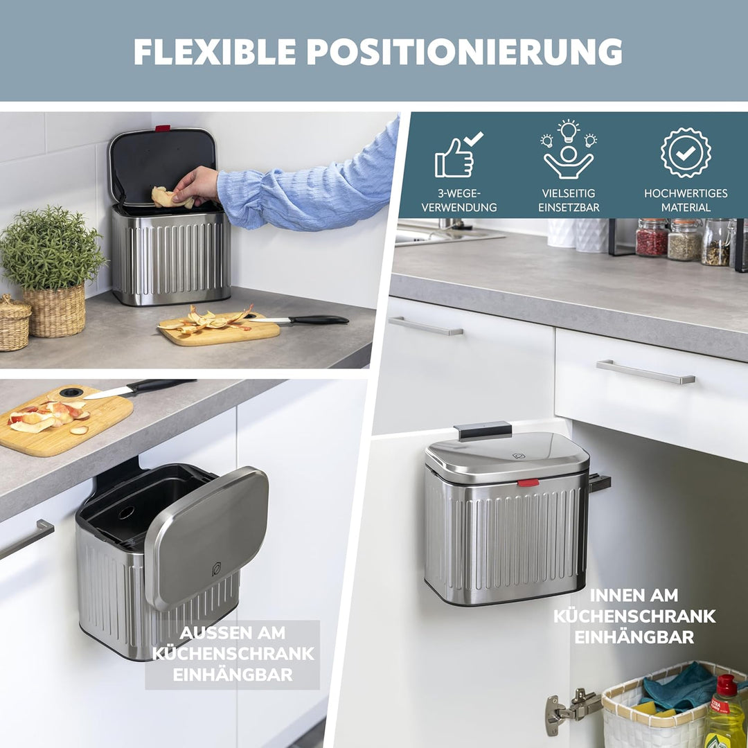 eluno Abfalleimer, Küchenmülleimer mit Schiebedeckel zum Hängen, Stellen oder Kleben, 3 Liter Fassun