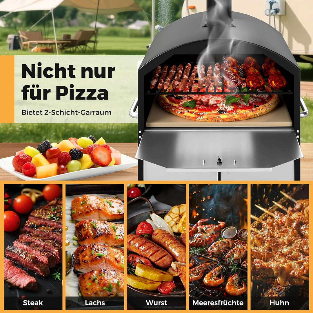 COSTWAY Outdoor Pizzaofen, 2-lagigem Pizza Ofen mit Grillrost, Pizzaschaufel, quadratischem Stein, w