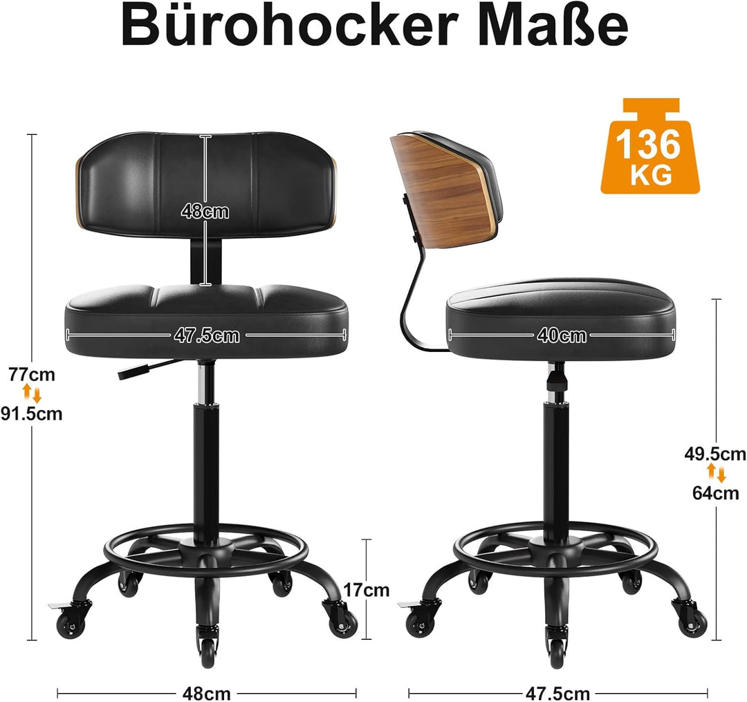 Rollhocker HöHenverstellbar, Bürohocker Ergonomisch,Arbeitshocker, Drehhocker 360°,Mit Rückenlehne P