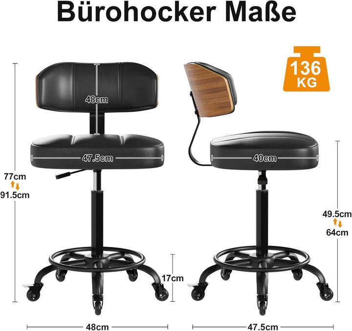 Rollhocker HöHenverstellbar, Bürohocker Ergonomisch,Arbeitshocker, Drehhocker 360°,Mit Rückenlehne P