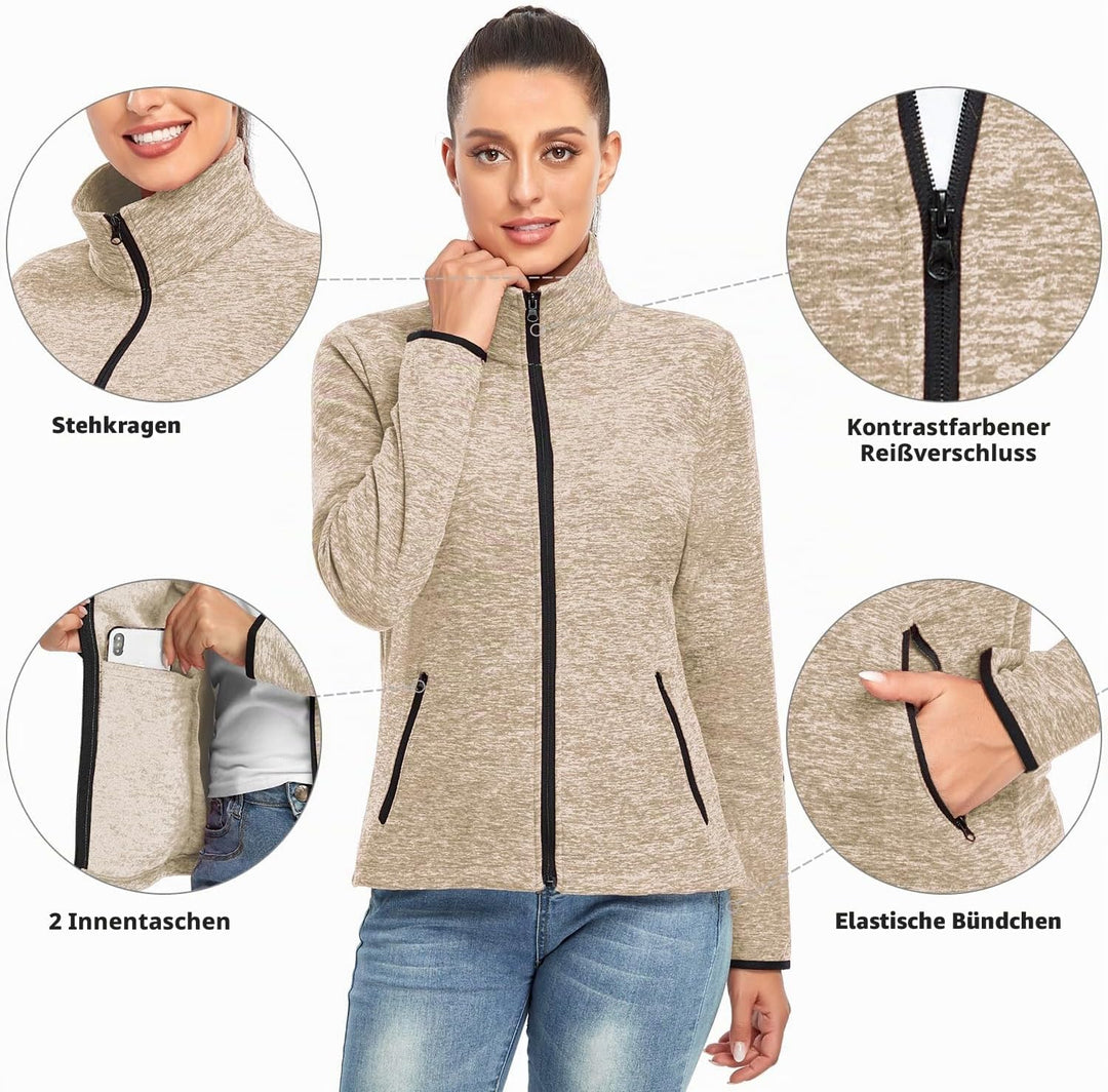 Soneven Fleecejacke Damen, Damen Fleece Jacke mit Durchgehendem Reissverschluss Langärmlig Leicht Fu