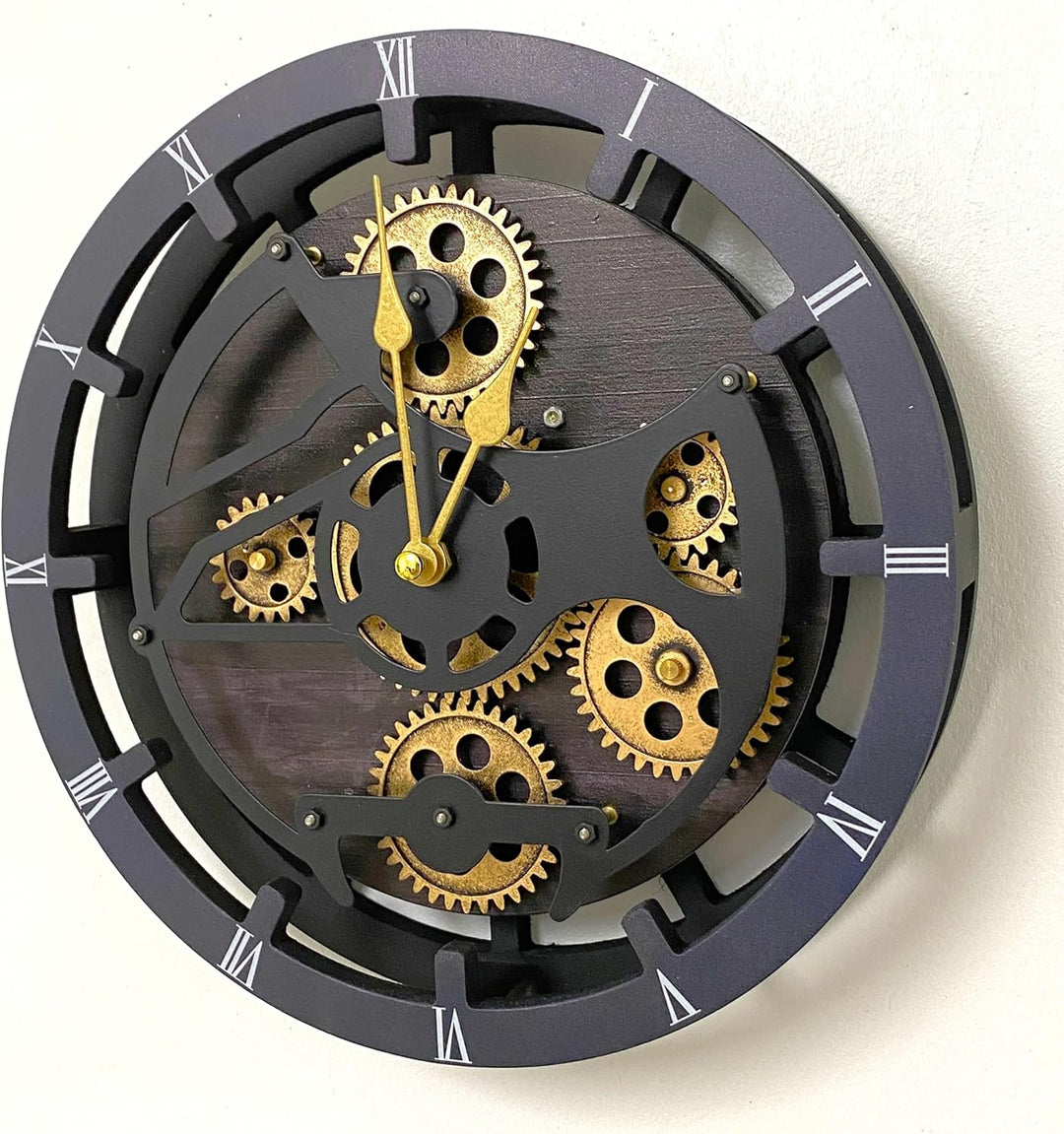 Schreibtischuhr 25,4 cm mit echten beweglichen Zahnrädern, umwandelbar in Wanduhr (Vintage-Schwarz)
