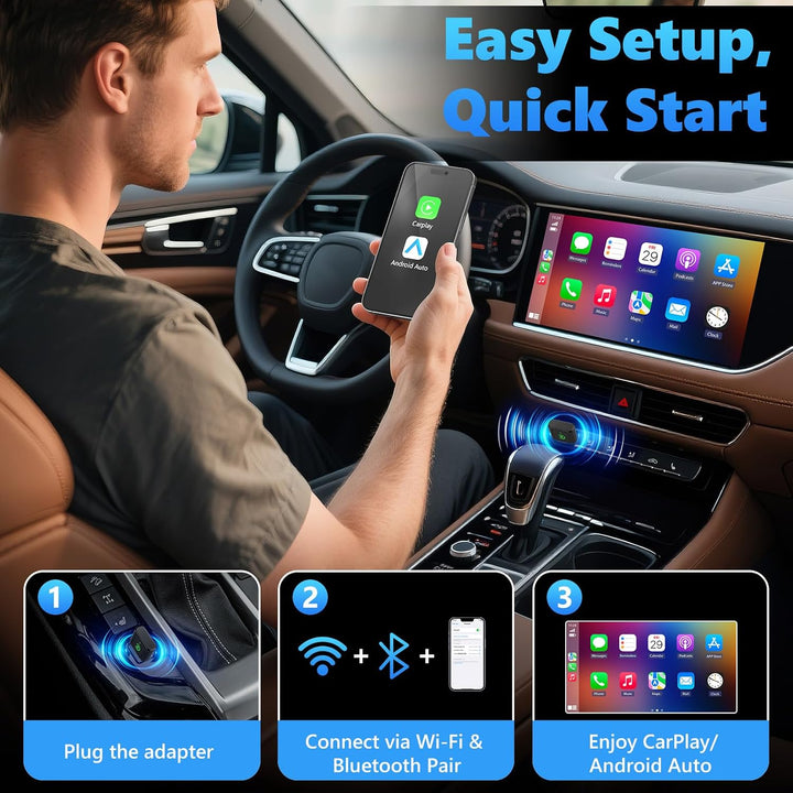 2 in 1 Wireless CarPlay Adapter &amp; Android Auto Wireless Adapter, Bluetooth 5.3 &amp; 5.8GHz WiFi, Plug &amp;