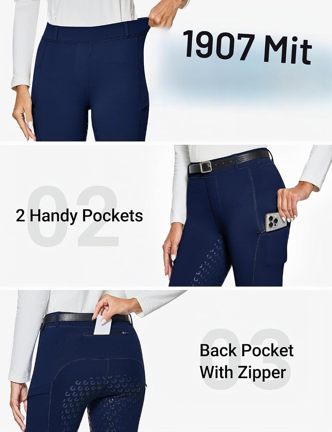 FitsT4 Sports Damen Winterreitleggings Fleece-Reithose Silikon Vollbesatz Reithose mit Reissverschlu