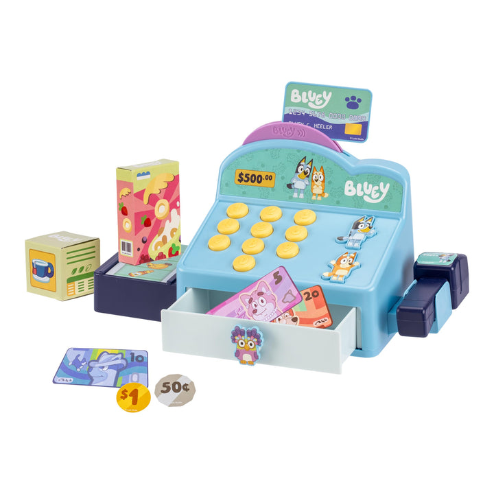 Bluey – Kasse. Drücke auf die Knöpfe, um Pieptöne, Geräusche und Sätze von Bluey und Bingo abzuspiel