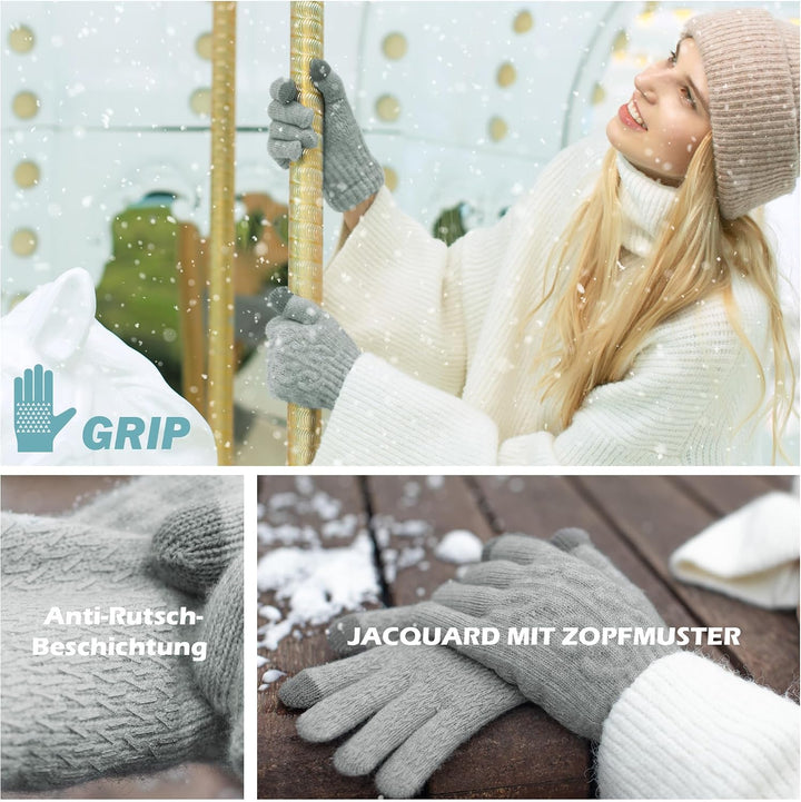 Alpaka Handschuhe Damen Fleece Doppelfutter &amp; Touchscreen - Thermo Winterhandschuhe mit Anti-Rutsch