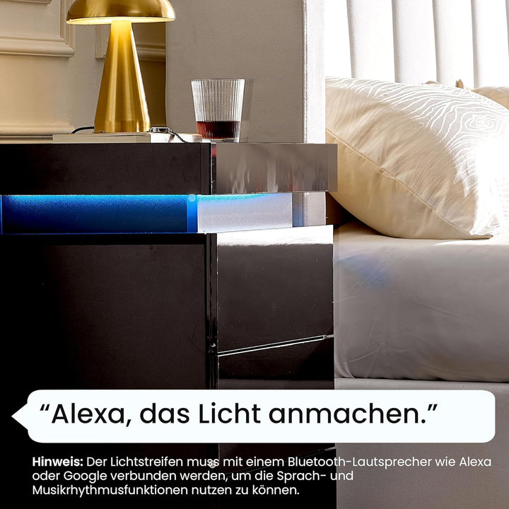 CLIPOP Nachttisch Hochglanzfront Kommode mit mit LED-Lichtern, sprachgesteuerter Lichtstreifen, 3 Sc