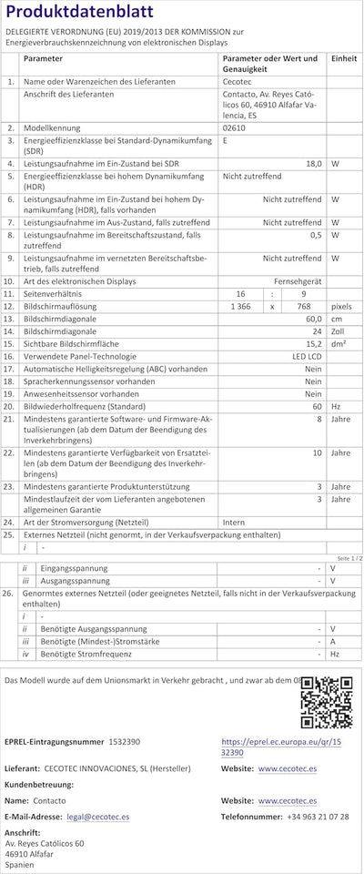 Cecotec TV 0 Series 24 Zoll, HD, Optimale Auflösung von Bildern und Videos, Dolby, HDMI/USB, Fernbed