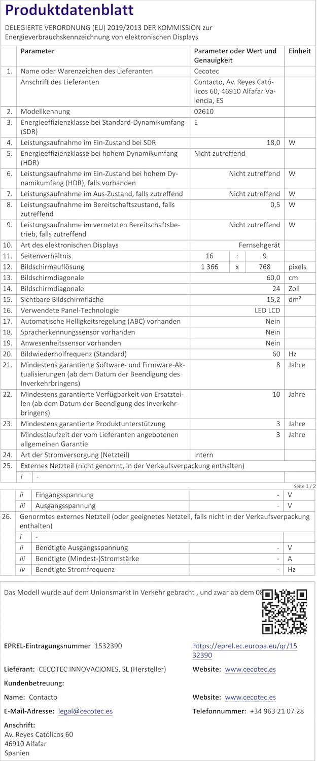 Cecotec TV 0 Series 24 Zoll, HD, Optimale Auflösung von Bildern und Videos, Dolby, HDMI/USB, Fernbed