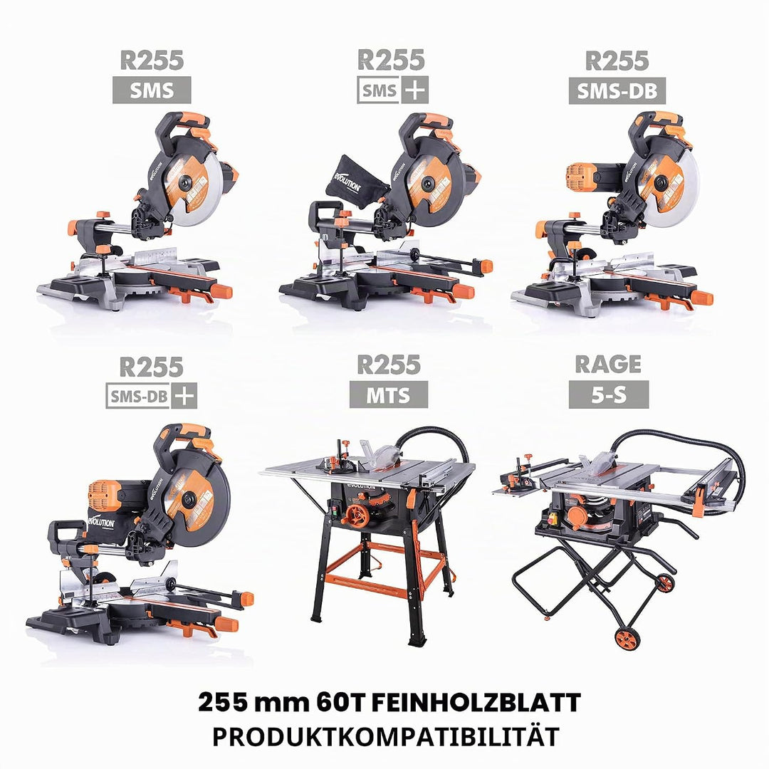 Evolution FW255TCT-60 - 255 mm feines Holzsägeblatt - Hartmetallbestücktes Sägeblatt mit 60 Zähnen l