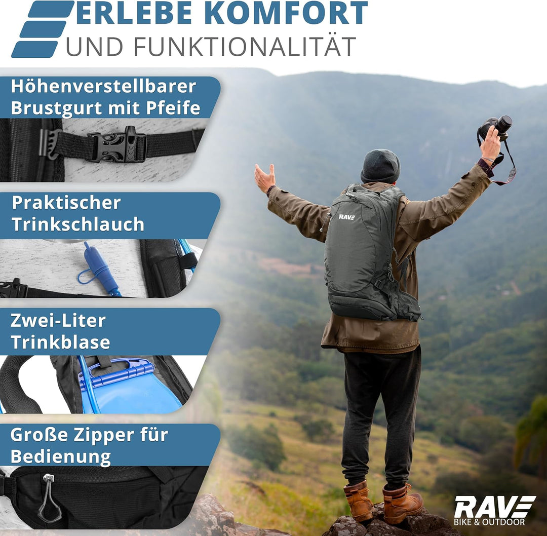 RAVE Bike &amp; Outdoor Rucksack Fahrradrucksack Trekkingrucksack 10L schwarz inkl. 2L Trinkblase