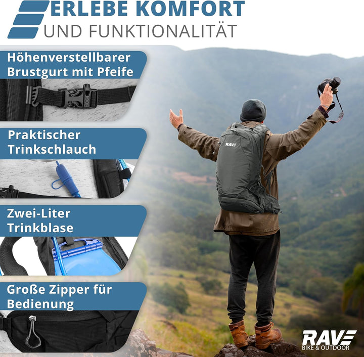 RAVE Bike &amp; Outdoor Rucksack Fahrradrucksack Trekkingrucksack 10L schwarz inkl. 2L Trinkblase