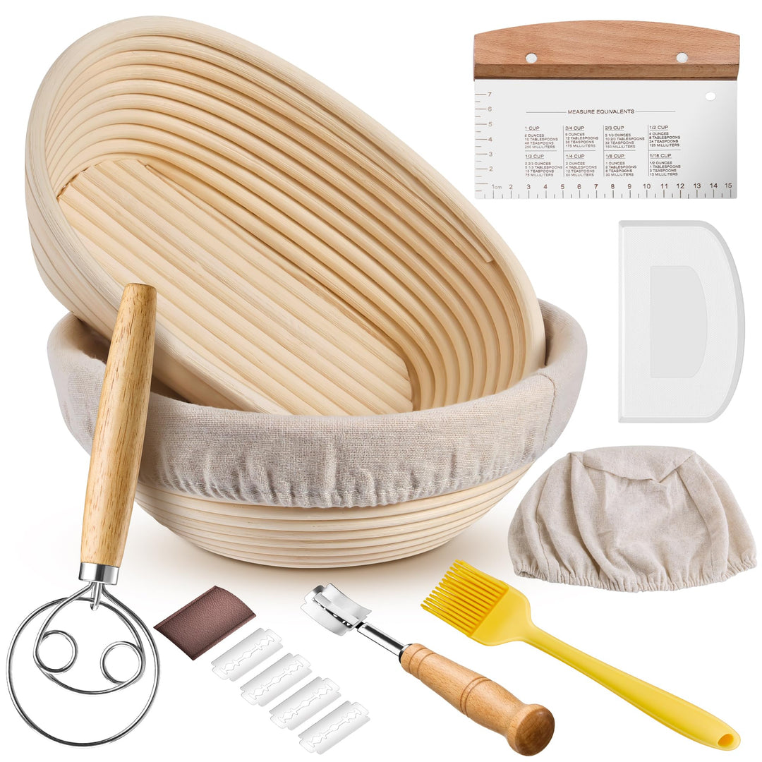 HaWare Gärkörbchen, 25cm Gärkorb Oval & Rund Brot Set mit Futter, Bäckermesser, Dänischer Schneebese
