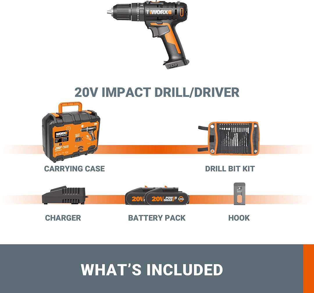 WORX 18V (20V MAX) Akku-Schlagbohrschrauber-Kit WX370, PowerShare, max. 50 N.m, (inkl. 2x2,0Ah Akkus