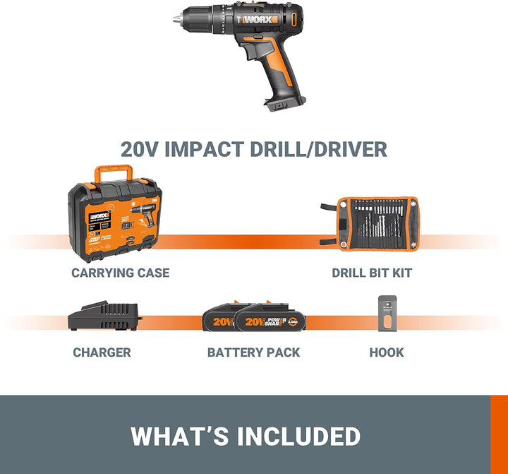 WORX 18V (20V MAX) Akku-Schlagbohrschrauber-Kit WX370, PowerShare, max. 50 N.m, (inkl. 2x2,0Ah Akkus
