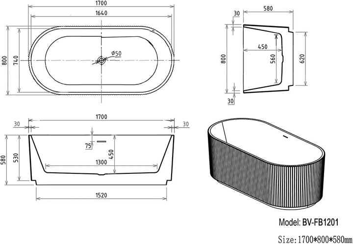 Belvit Rondo Freistehende Design Badewanne 170 x 80 cm, ovale Acryl Wanne mattweiss doppelwandig mit