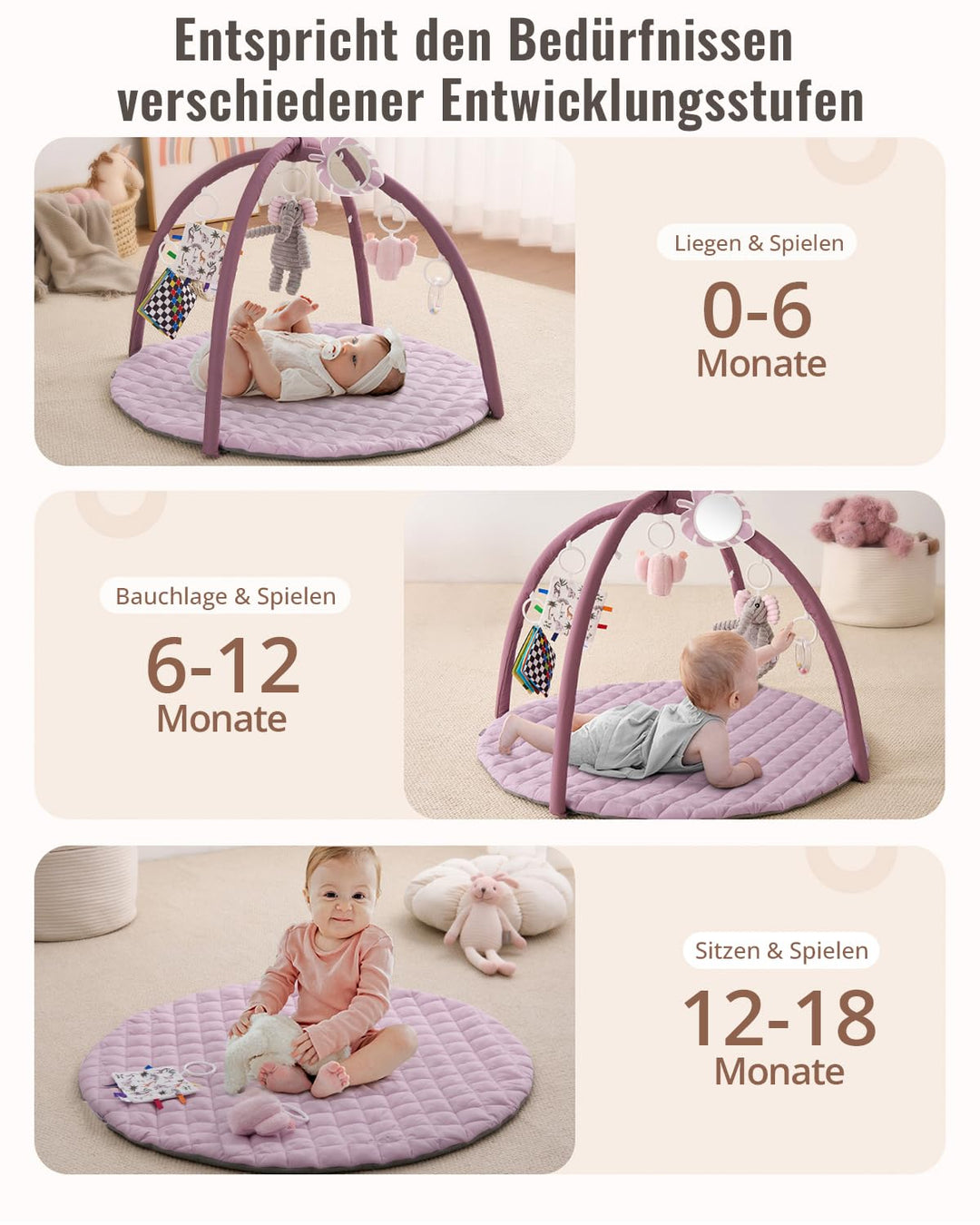 Blissful Diary Spielbogen Baby, Spieldecke Baby Gym Activity Decke mit 6 Abnehmbare Spielzeuge, krab