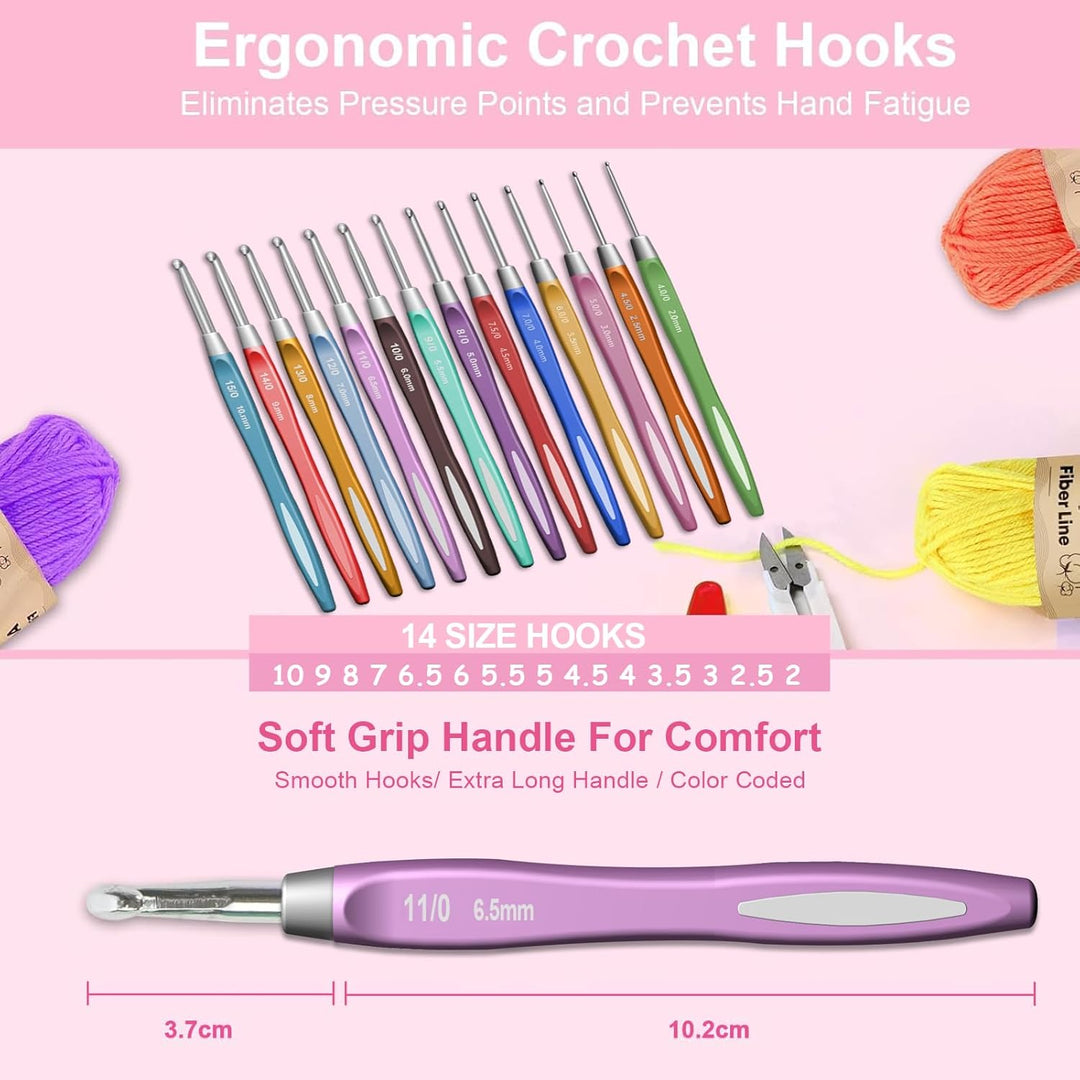 7CDXD Häkelset, Häkelset Set für Anfänger, Strickset enthält 12 Spulen Häkelgarn, 14 Häkelnadeln, 4