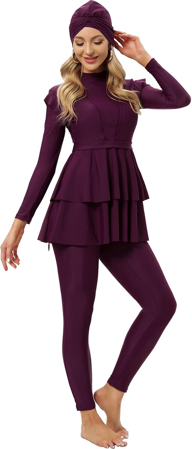 seafanny Damen Modest Badeanzug Langarm Burkini Full Cover Muslim Badeanzug 36 Wein Rot, 36 Wein Rot
