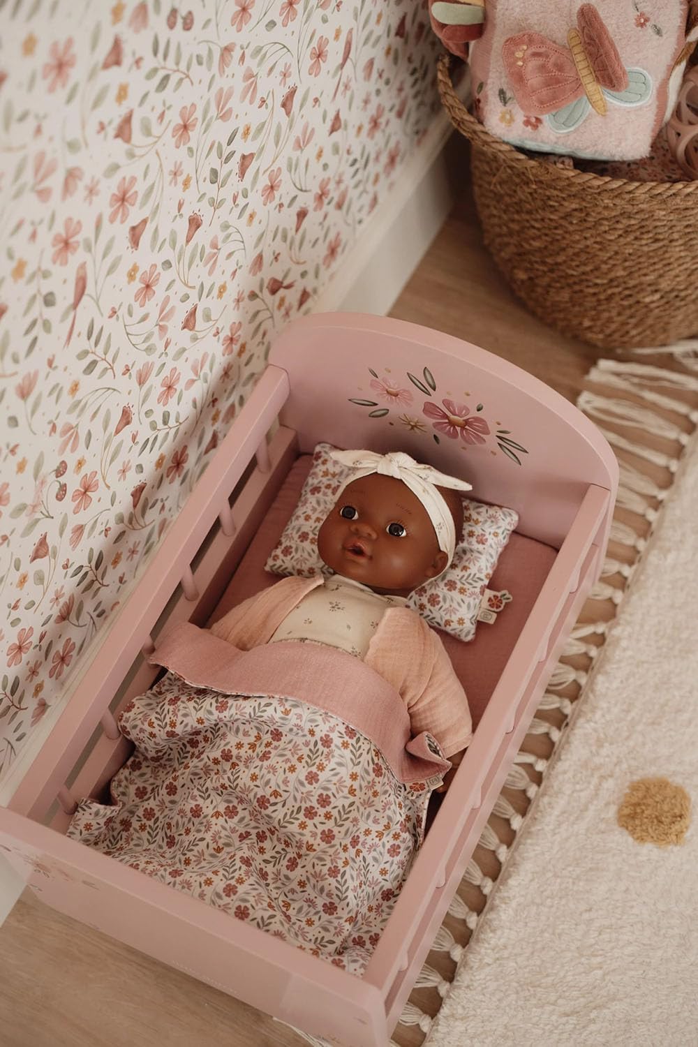 Little Dutch Puppenbett Bett für Babypuppen Puppen Holz rosa mit Blume - rosa