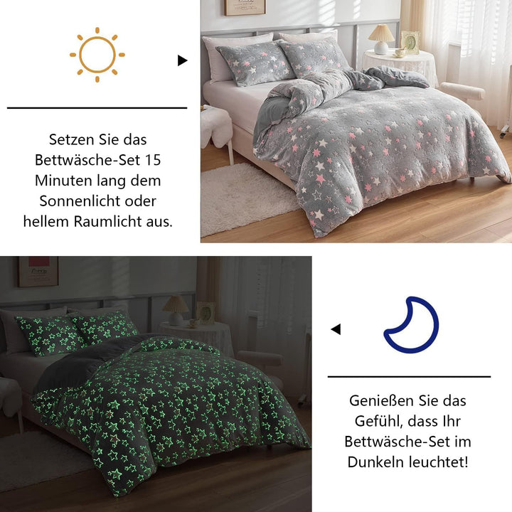 Freyamy Flanell Bettwäsche 135x200cm 2teilig Rosa Grau Sterne Leuchtend im Dunkeln Kinder Winterbett