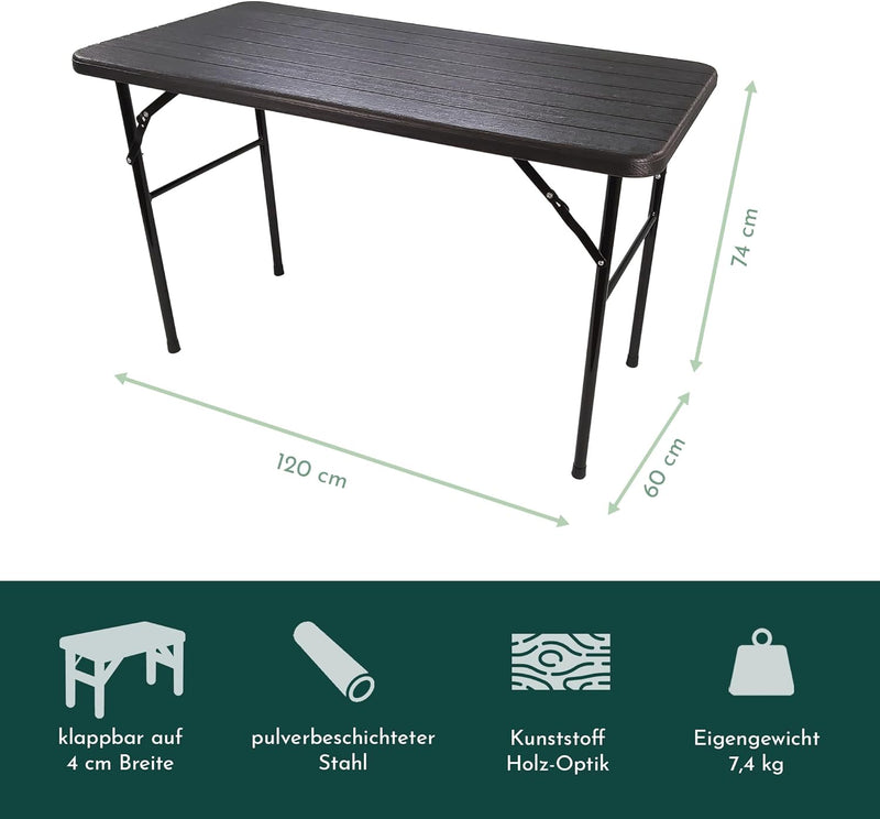 Lemodo Klapptisch mit Tischplatte in Holzoptik, Balkontisch klappbar 120 x 60 cm (L x B), Gartentisc